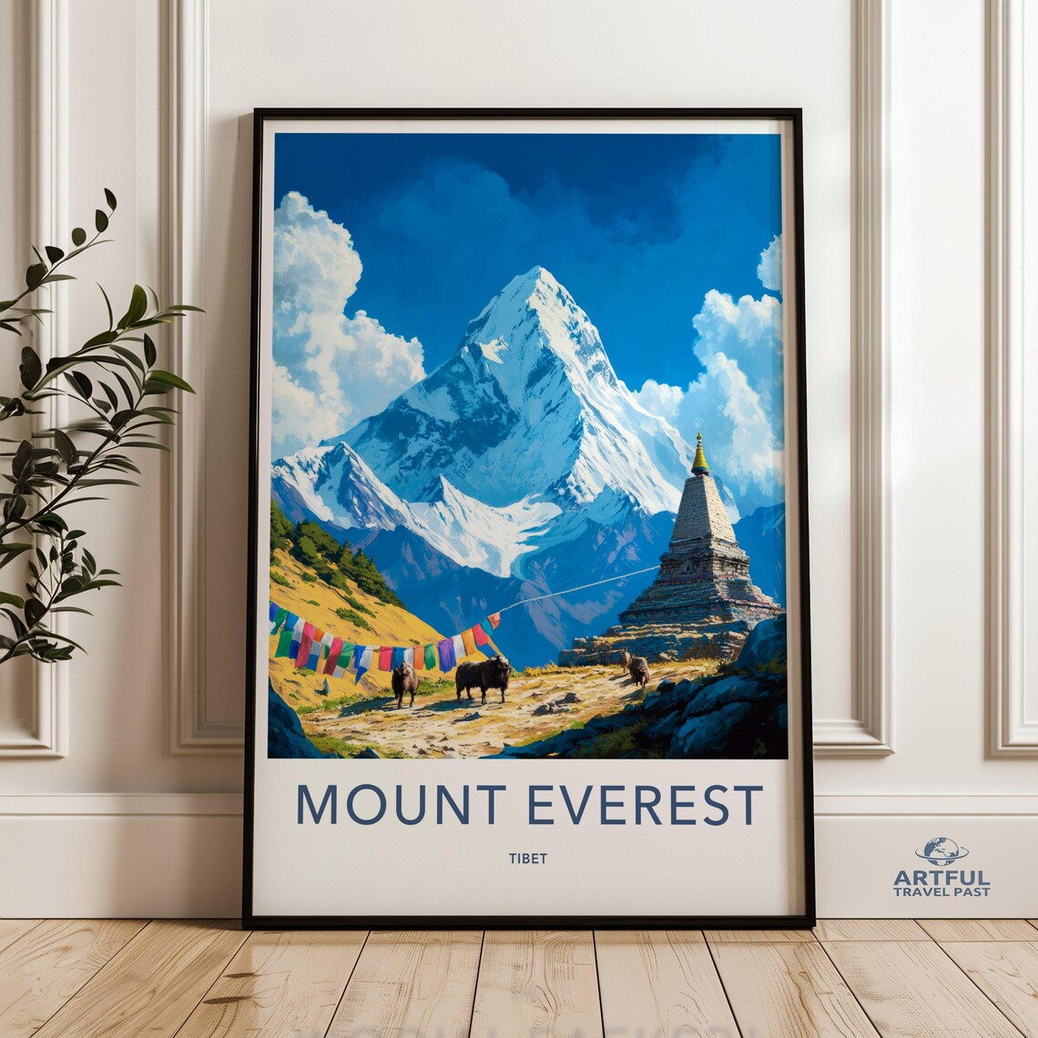 Mount Everest Tibet Snow Peak Prayer Flags Stupa Vintage Travel Poster