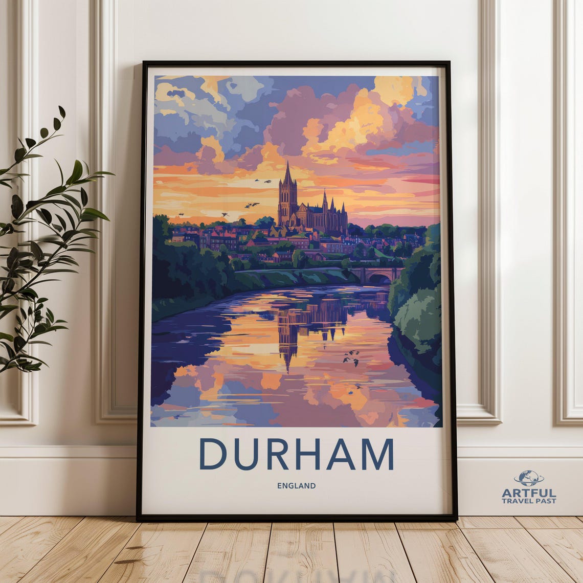 Durham England Cityscape Wall Art Colorful Sunset Landscape Print City Reflection Poster Travel Decor