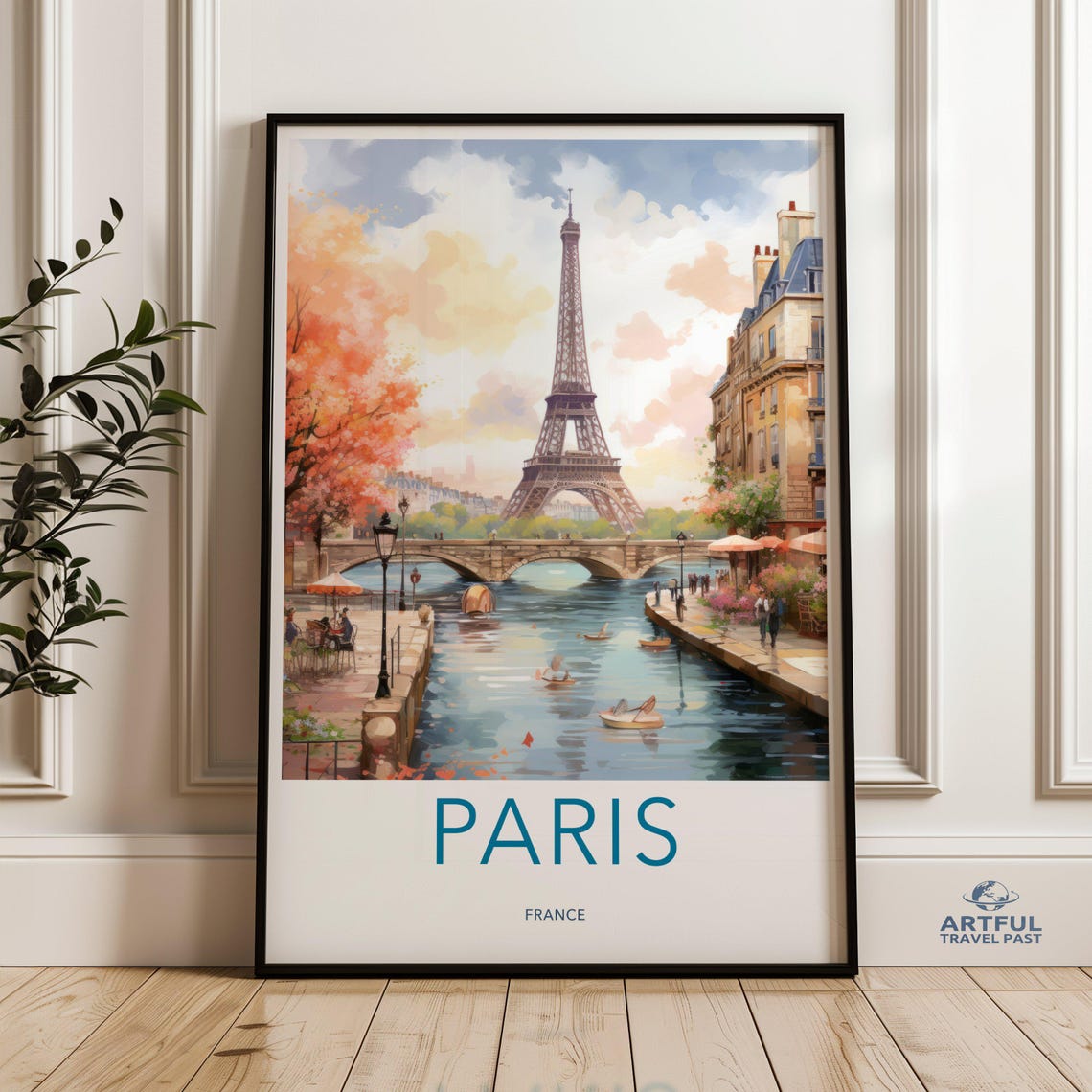 Paris Wall Art Print Eiffel Tower Illustration Canal Scene France Cityscape Artwork Decor Home Office