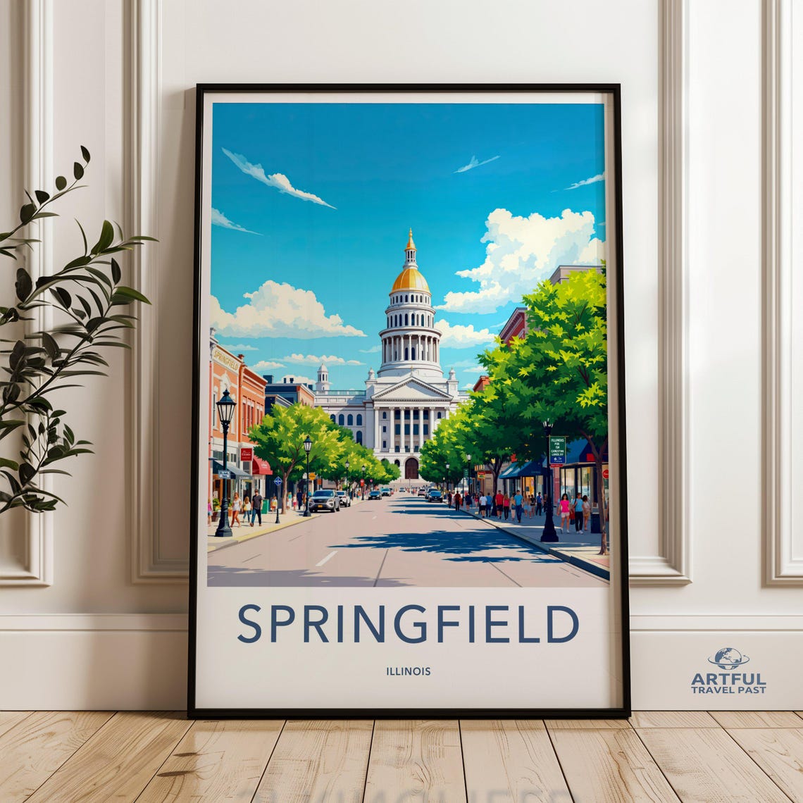 Springfield Illinois Capitol Golden Dome Street Travel Poster