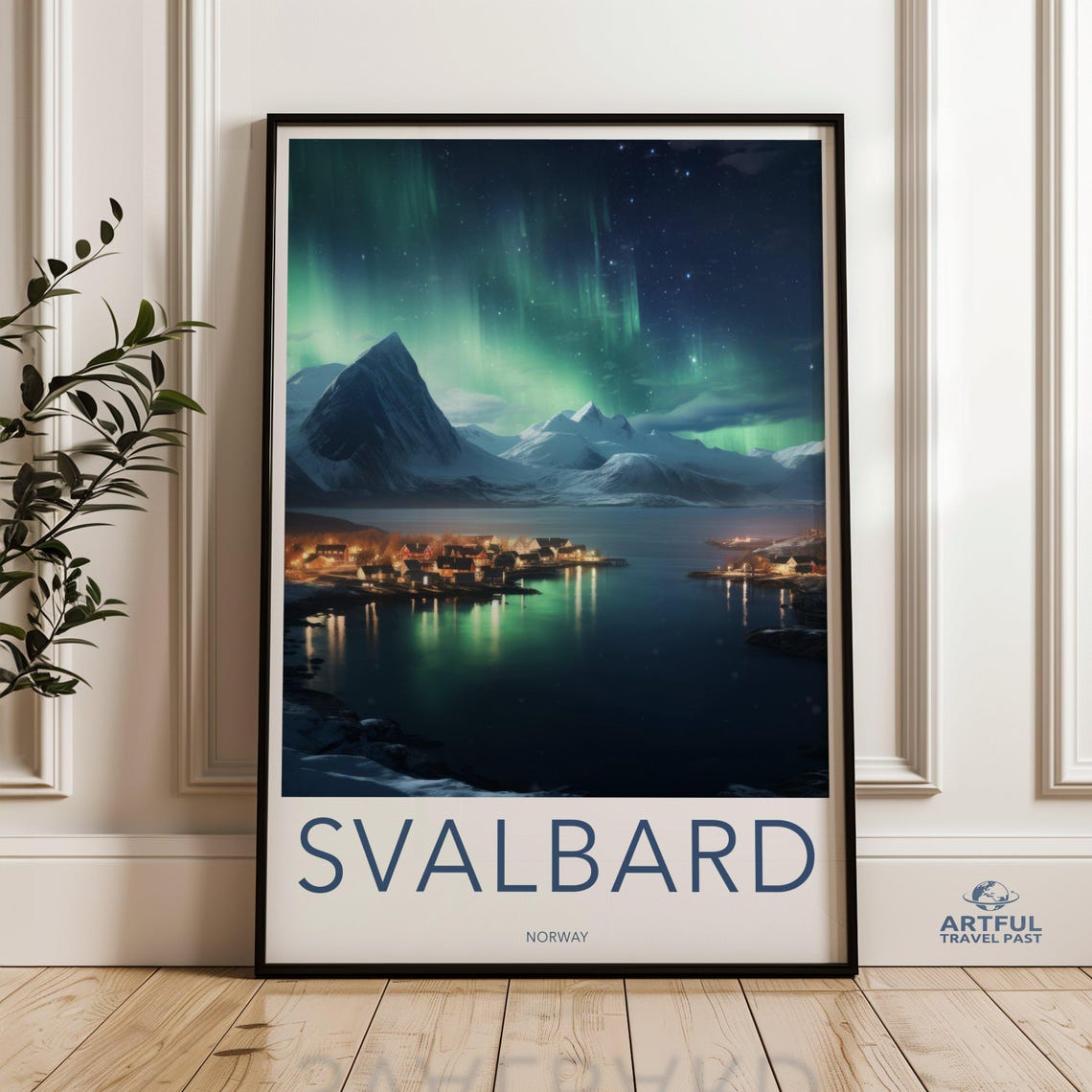 Svalbard Norway Northern Lights Coastal Village Aurora Travel Poster