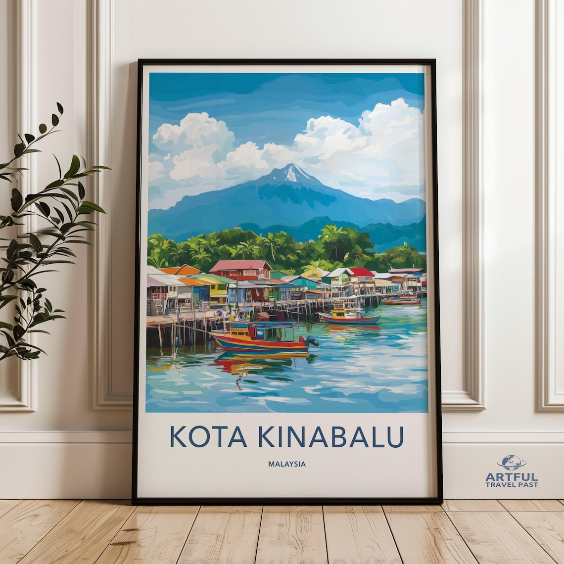 Kota Kinabalu Malaysia Waterfront Stilt Houses Boats Travel Poster