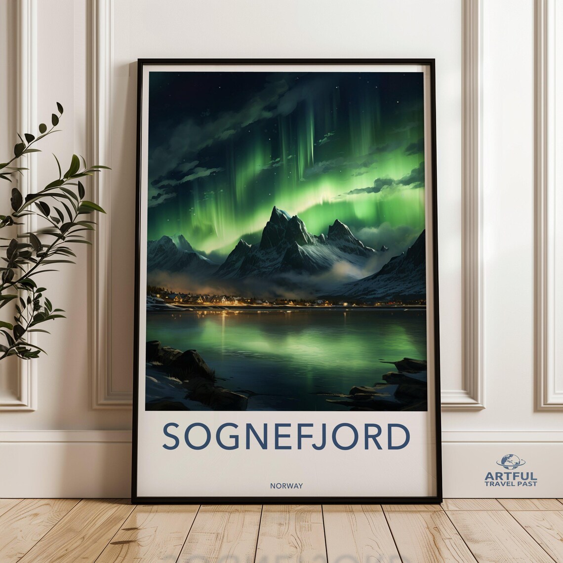 Sognefjord Norway Northern Lights Fjord Night Sky Travel Poster