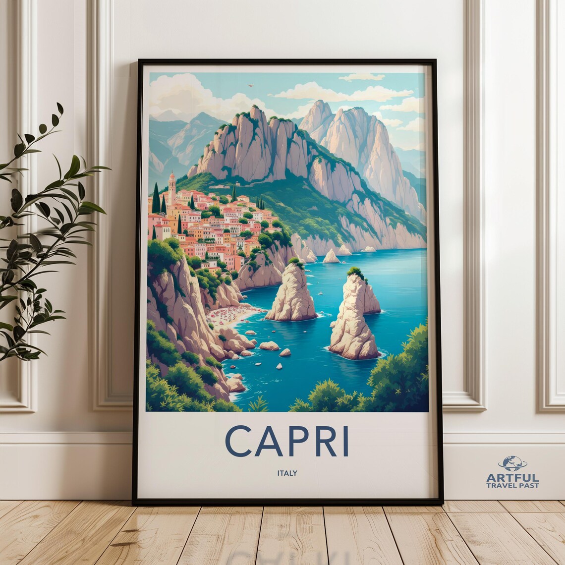 Capri Italy Faraglioni Cliffs Coastal Town Vintage Travel Poster