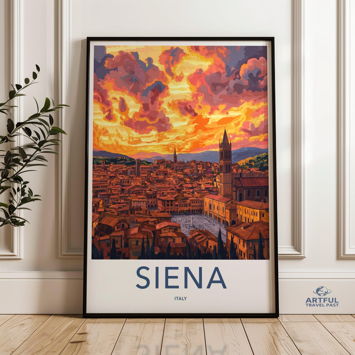 Siena Italy Sunset Cityscape Wall Art Tuscany Skyline Poster Vibrant Italian Architecture Print Over Artwork