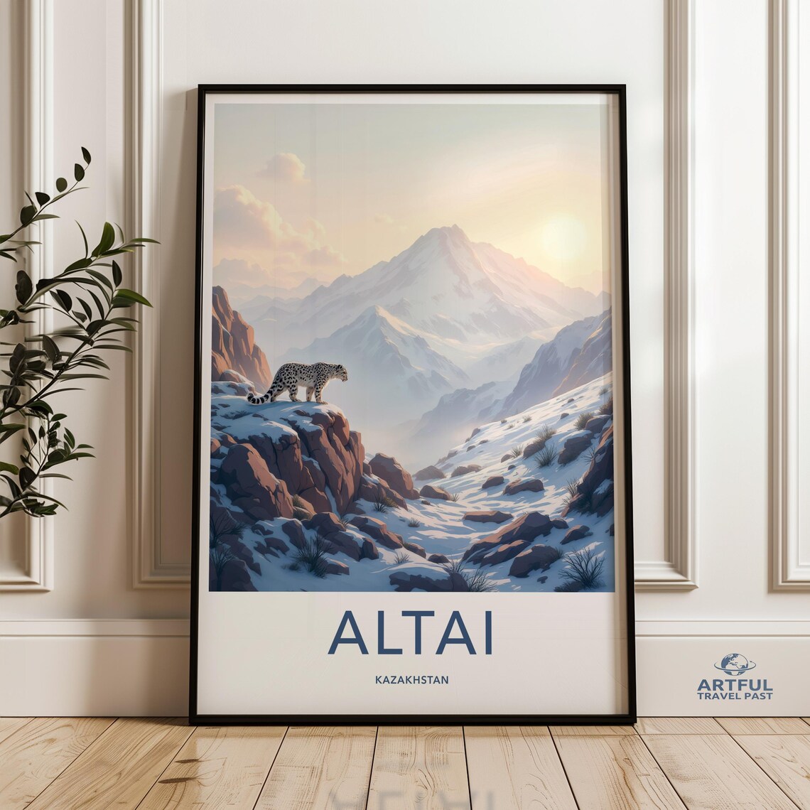 Altai Kazakhstan Vintage Travel Poster Snow Leopard Snowy Peaks Scene