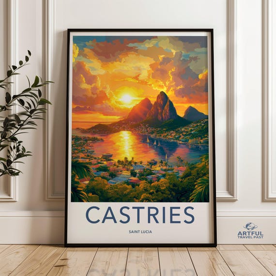 Castries Saint Lucia Sunset Wall Art Caribbean Coastal Decor Vibrant Island Scenery Print Tropical Home Decoration