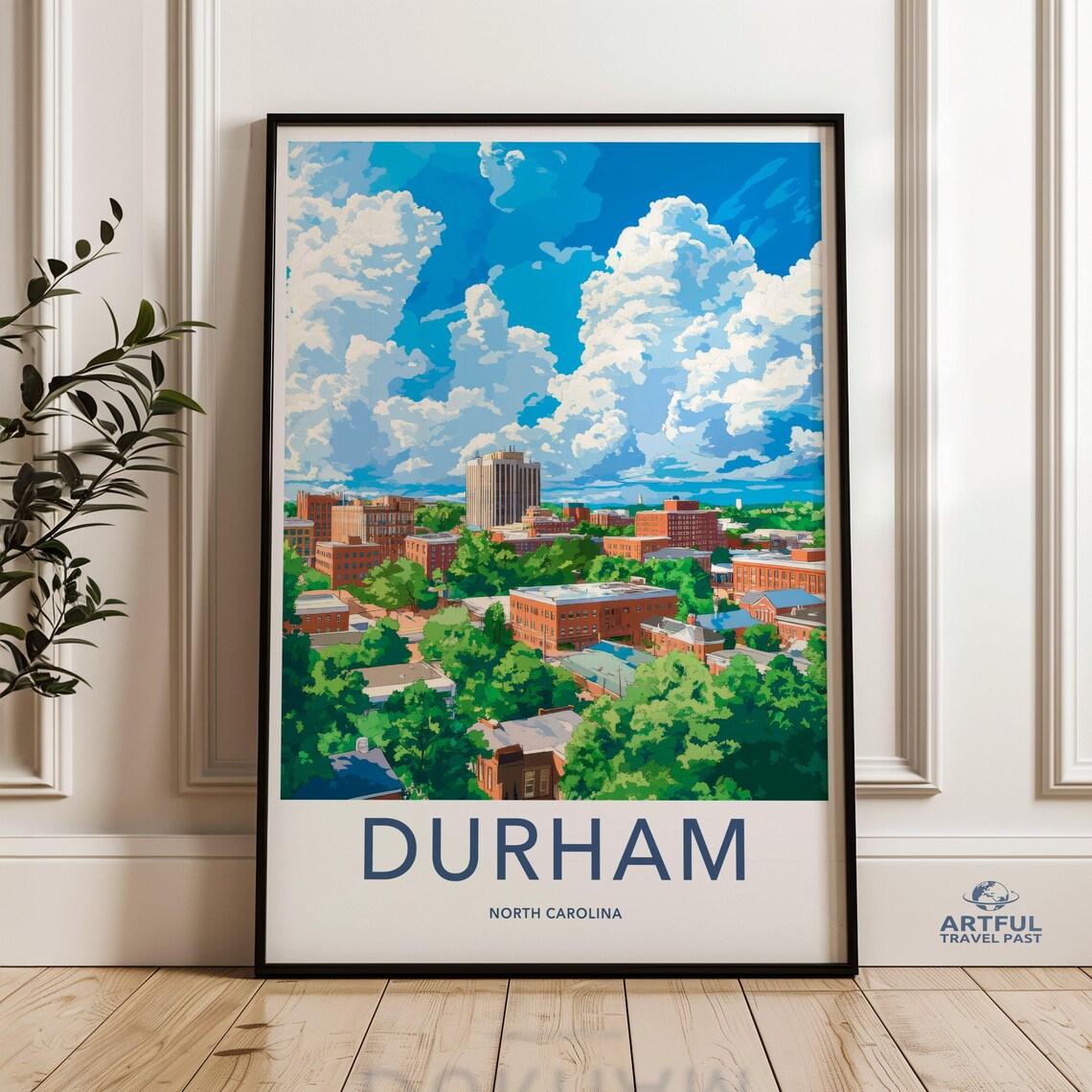 Durham North Carolina Bright Blue Sky Cityscape Travel Poster