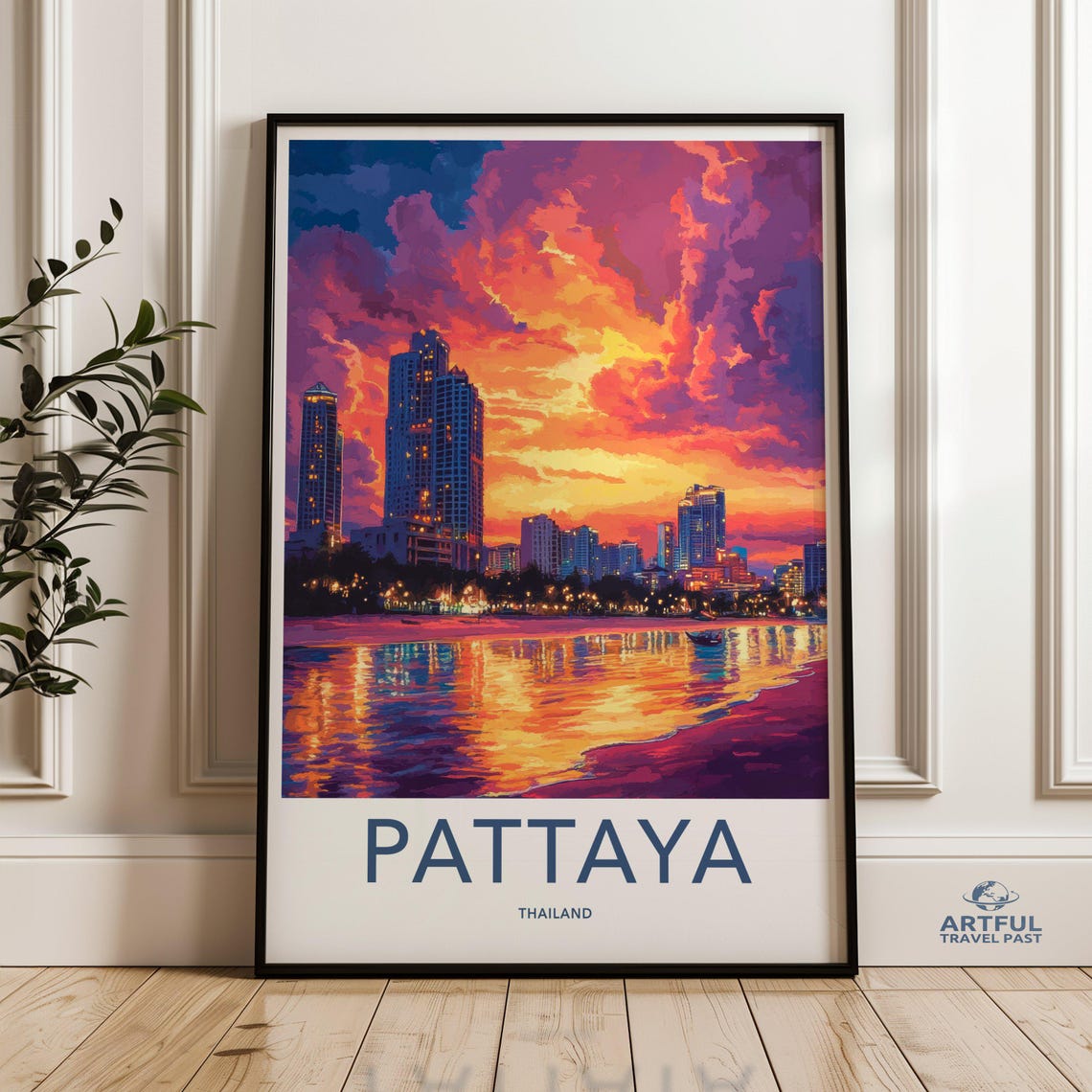 Pattaya Thailand Beachfront Skyline Fiery Sunset City Poster
