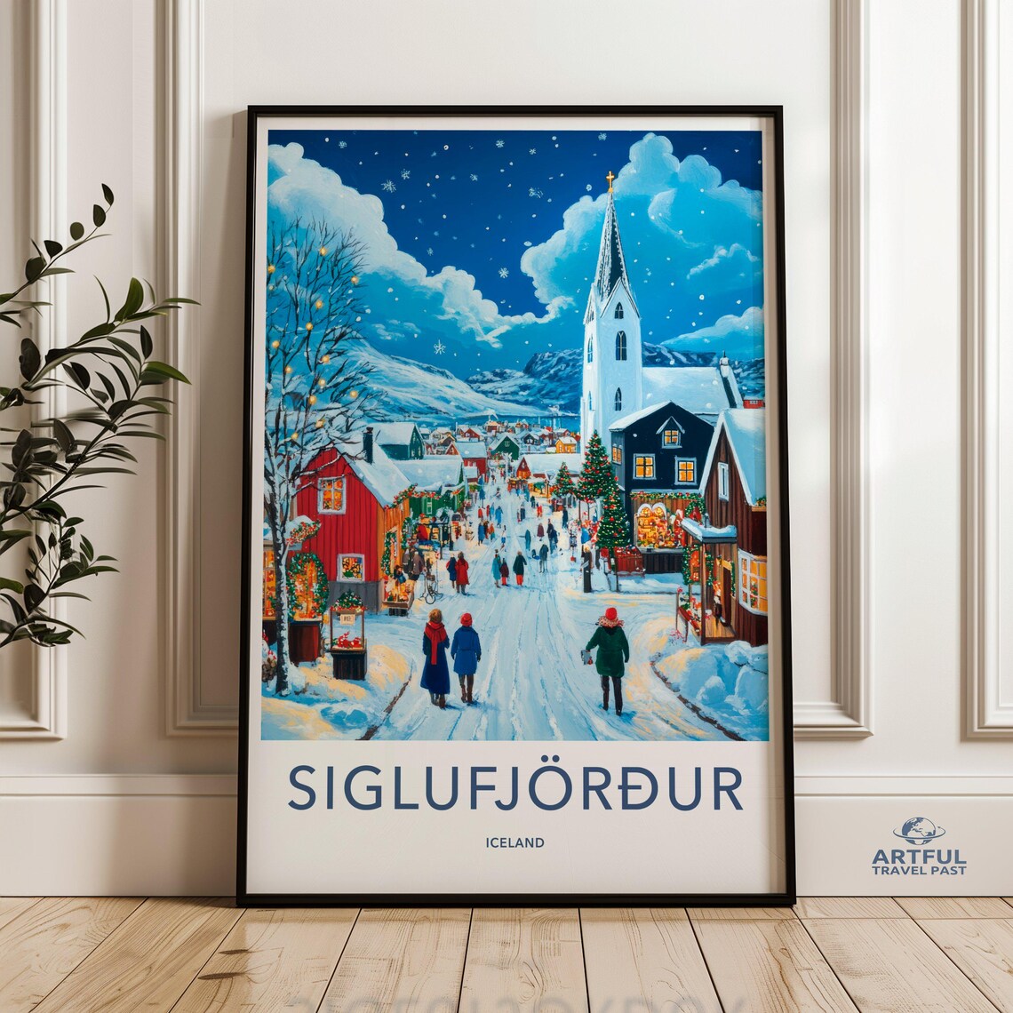 Siglufjordur Iceland Snowy Christmas Town Church Night Scene Poster