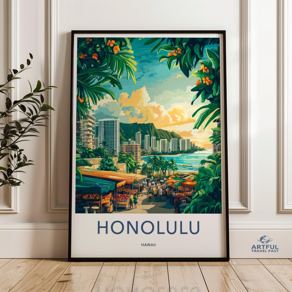 Honolulu Hawaii Waikiki Beach Diamond Head Retro Travel Poster
