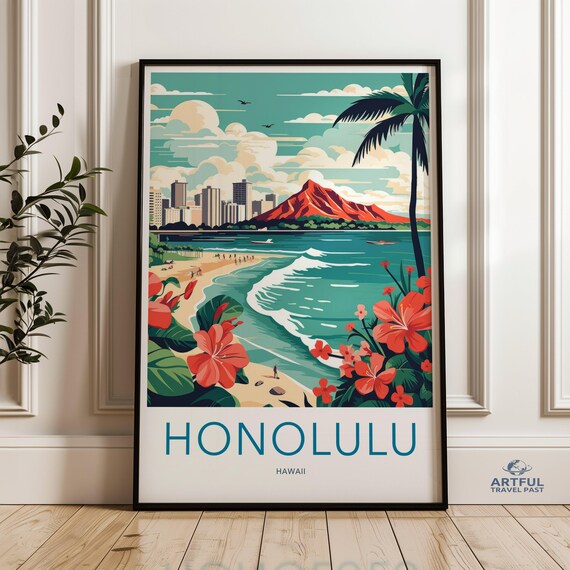 Honolulu Hawaii Retro Beach Poster Hibiscus Flowers Waikiki Coast Art