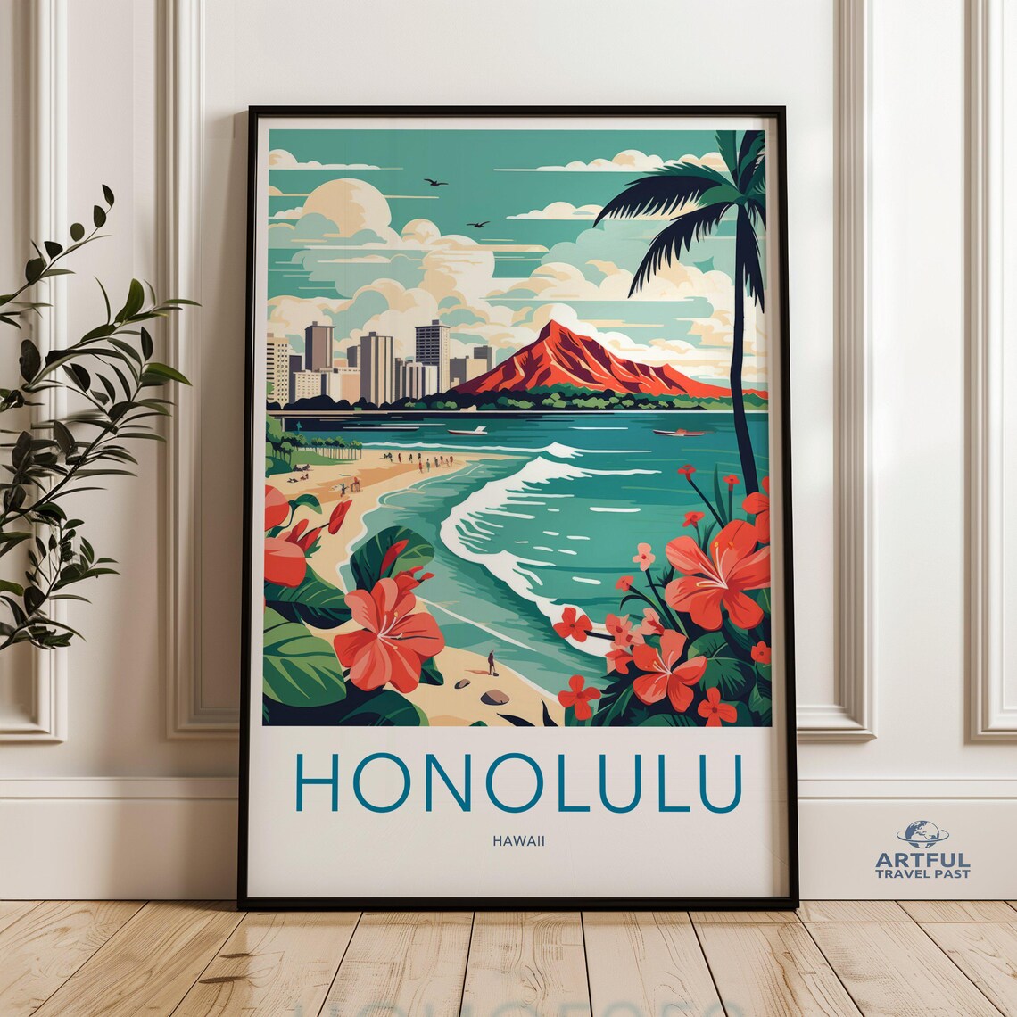 Honolulu Hawaii Retro Beach Poster Hibiscus Flowers Waikiki Coast Art