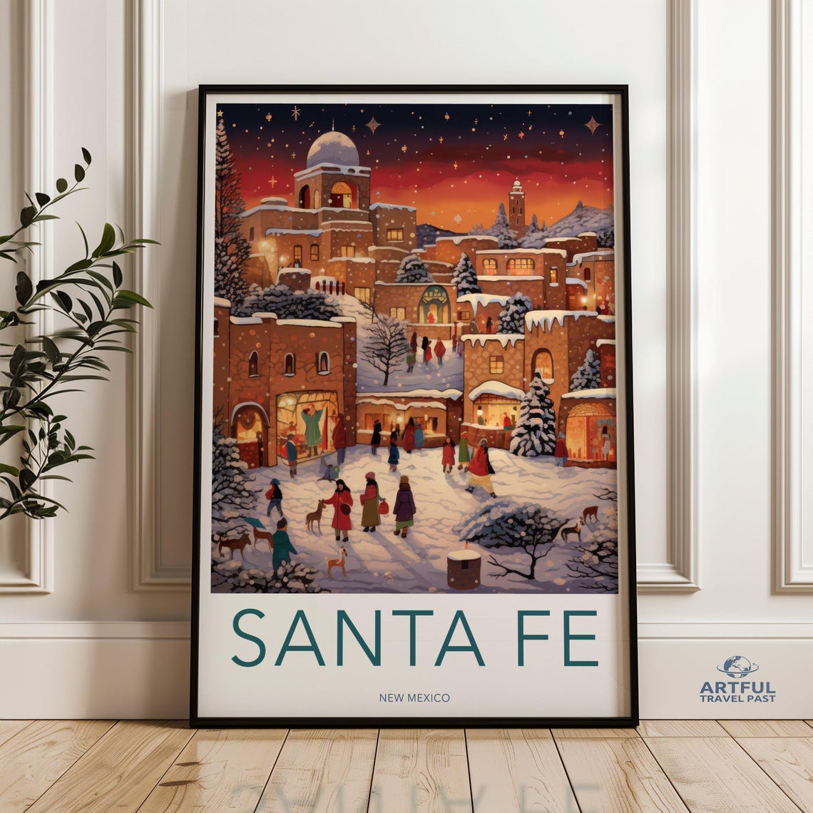 Santa Fe New Mexico Adobe Night Winter Scene Travel Poster Decor
