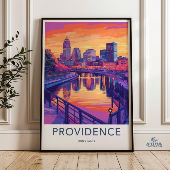 Providence Rhode Island Cityscape Wall Art Print Vibrant Urban Decor Sunset Skyline Artwork Colorful City Illustration