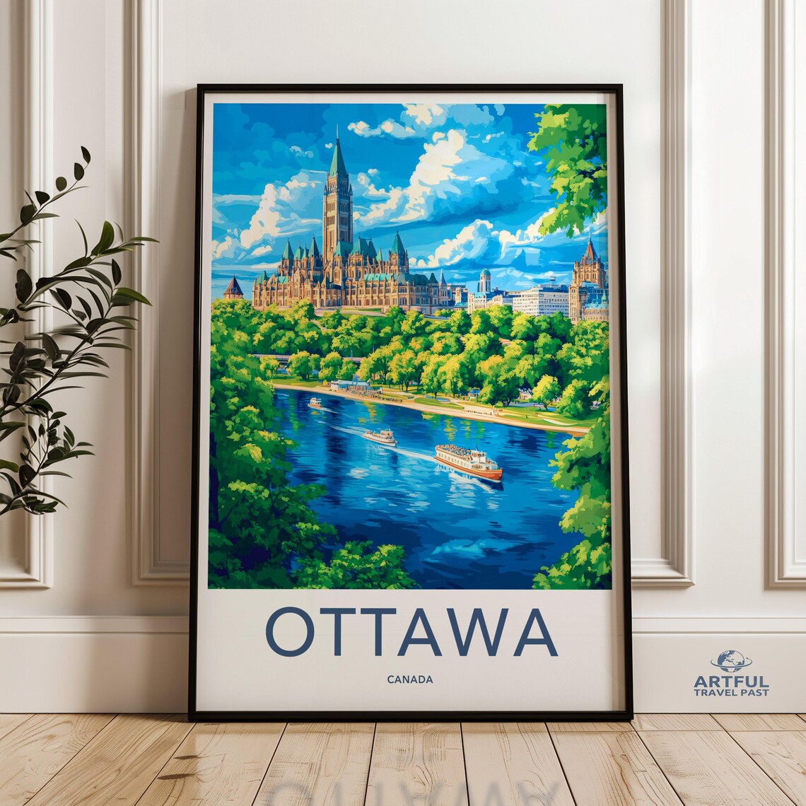 Ottawa Parliament Hill Summer River Boats Canada Travel Poster