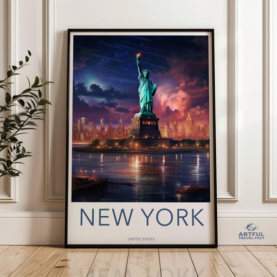 New York City Skyline Wall Art Statue Of Liberty Cityscape Night View Iconic Landmark Print Home Dcor