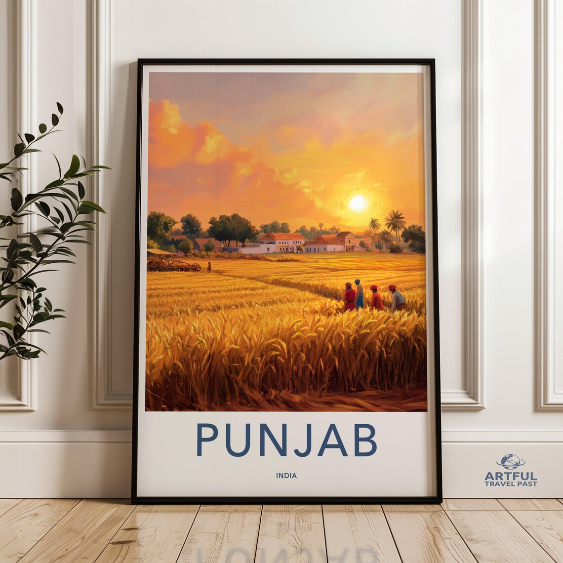 Punjab India Golden Wheat Fields At Sunset Rural Travel Poster