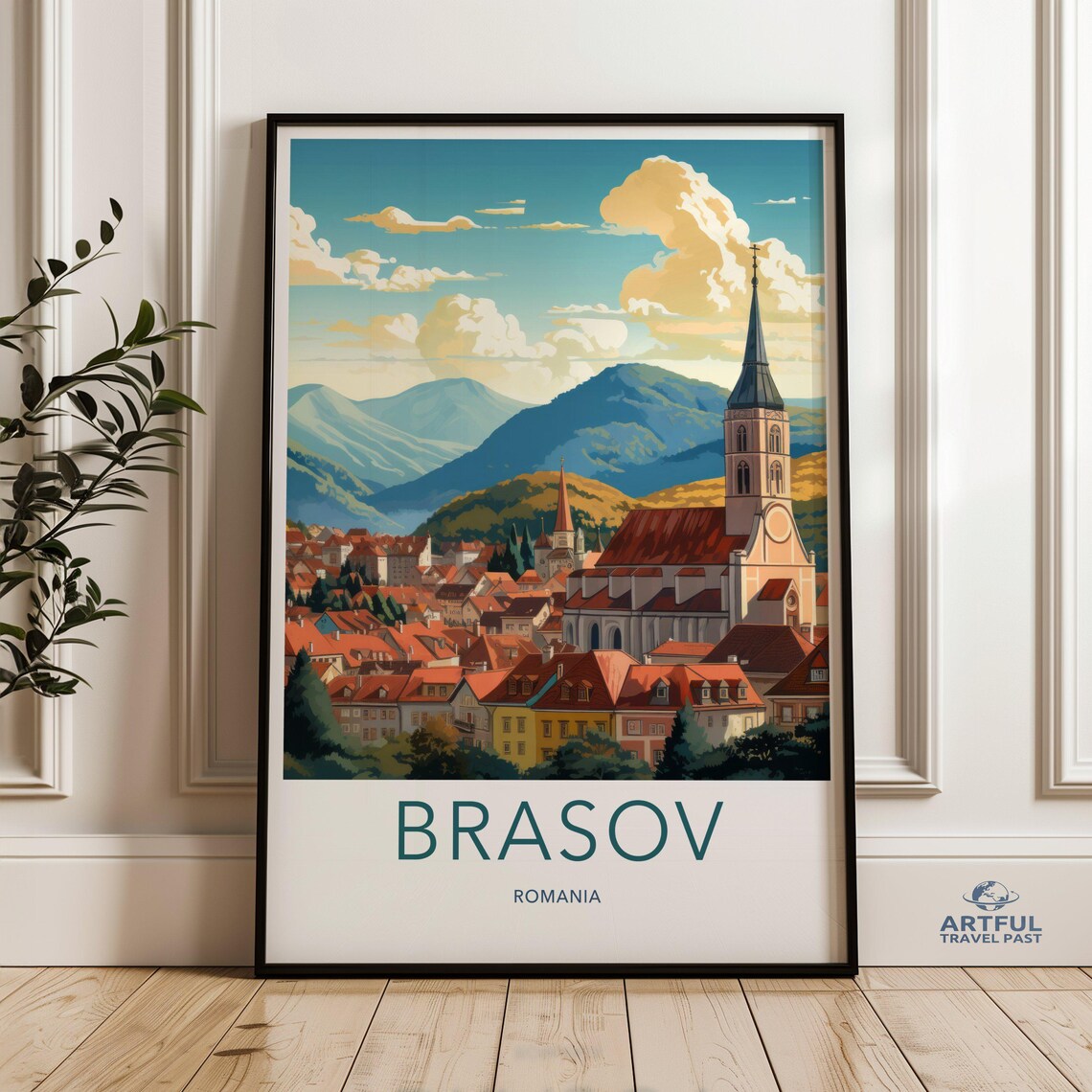 Brasov Romania Old Town Church Mountain View Vintage Travel Poster