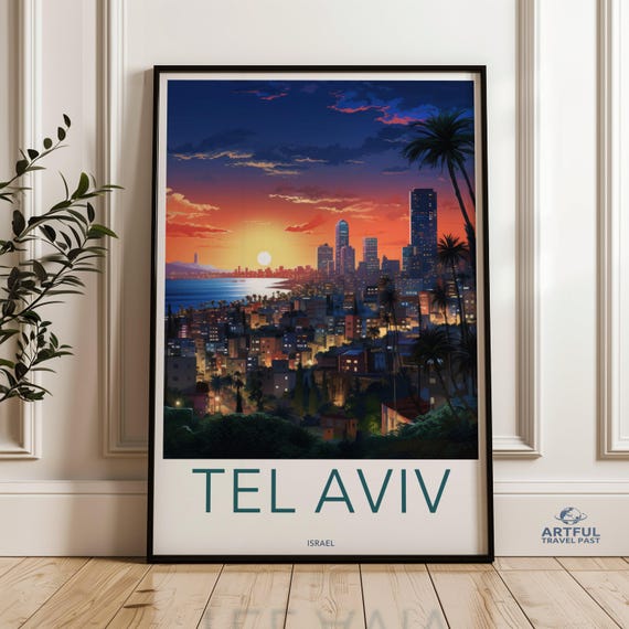 Tel Aviv Wall Art Sunset Cityscape Print Poster Israel Travel Artwork Urban Landscape Dcor City Night View