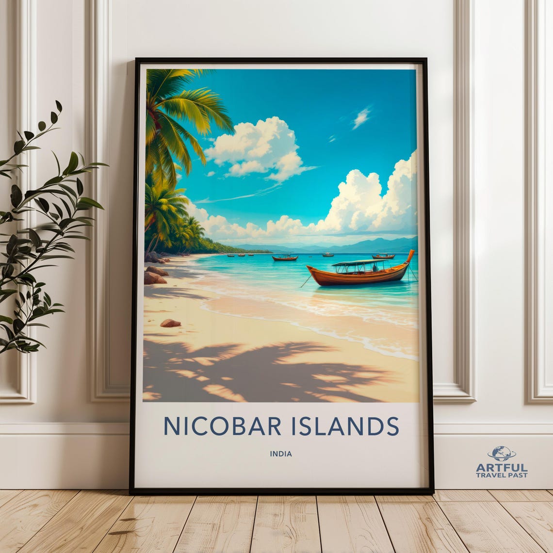 Nicobar Islands India Tropical Beach Palm Boats Travel Poster