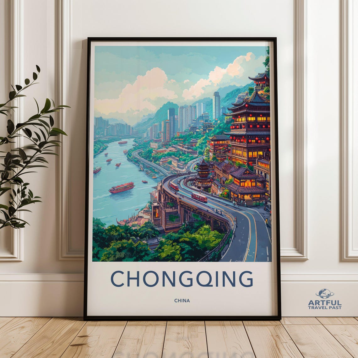 Chongqing China Riverside Pagodas River City Night Travel Poster