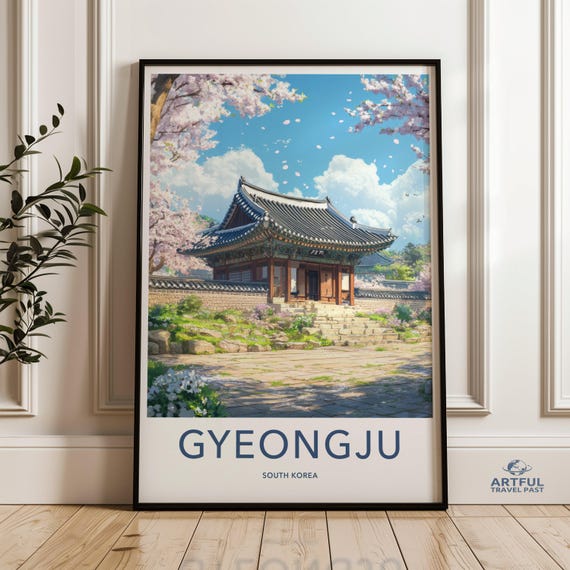 Traditional Korean Temple Wall Art Spring Cherry Blossoms Gyeongju South Korea Print Tranquil Nature Scene Home Decor