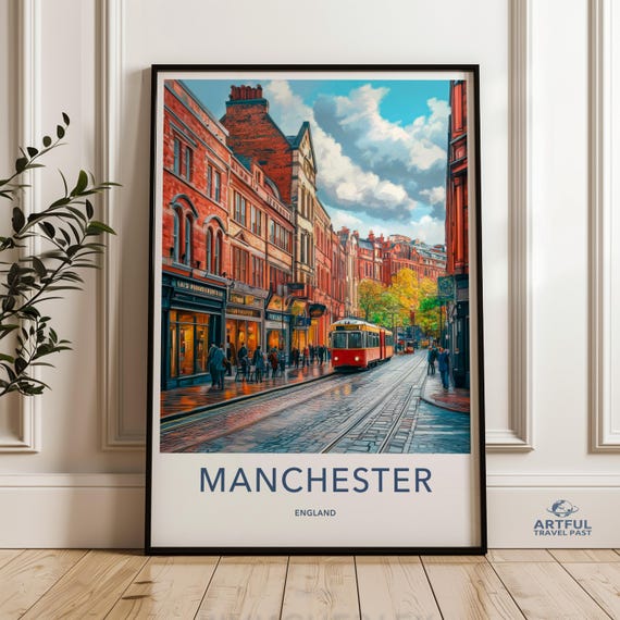 Manchester Cityscape Wall Art England Street Scene Print Vintage Style Urban Decor Colorful City Hanging Travel Poster