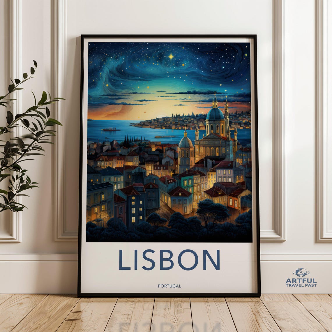 Lisbon Portugal Starry Night Cityscape Poster Vintage Travel Europe Art