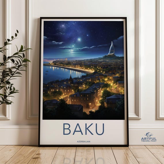 Baku Night View Wall Art Azerbaijan Cityscape Poster Starry Skyline Print Modern Home Decor Unique Travel Gift
