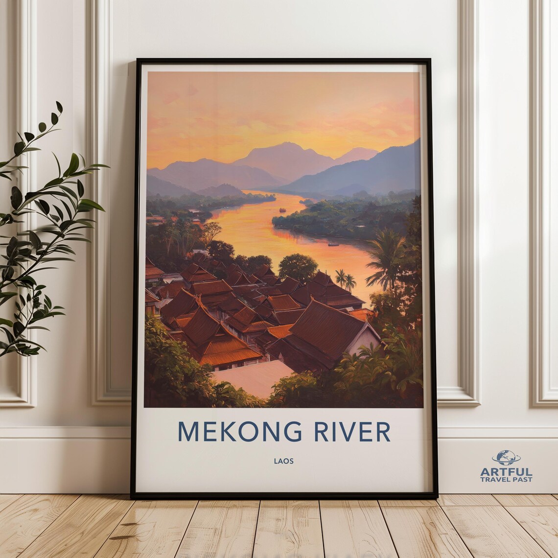 Mekong River Laos Sunset Village Rooftops Vintage Travel Poster Golden