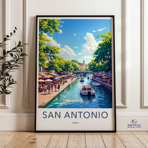 San Antonio Riverwalk Wall Art Texas Cityscape Print Colorful Tourist Destination Poster Vibrant Urban Scene Artwork
