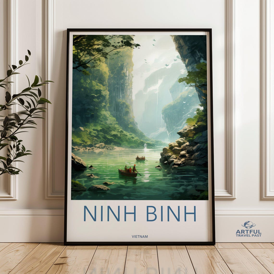 Ninh Binh Vietnam Travel Poster Misty River Boats Watercolor Style Art