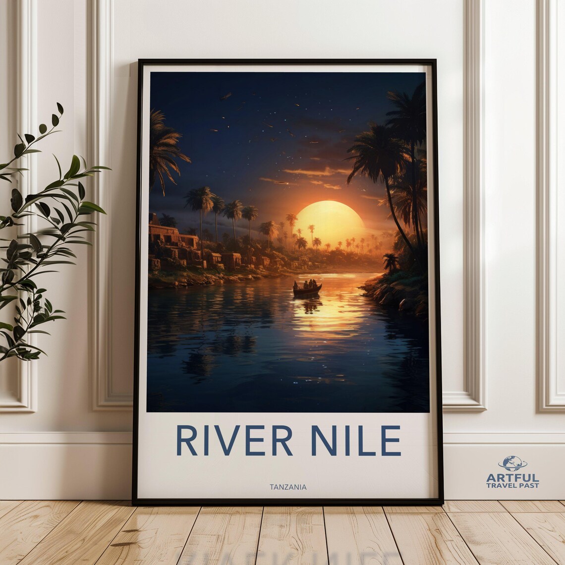 River Nile Tanzania Golden Sunset Palms Riverboat Travel Scene Poster