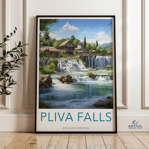 Pliva Falls Wall Art Print Nature Landscape Decor Bosnia And Herzegovina Scenic Poster Waterfall Travel Illustration