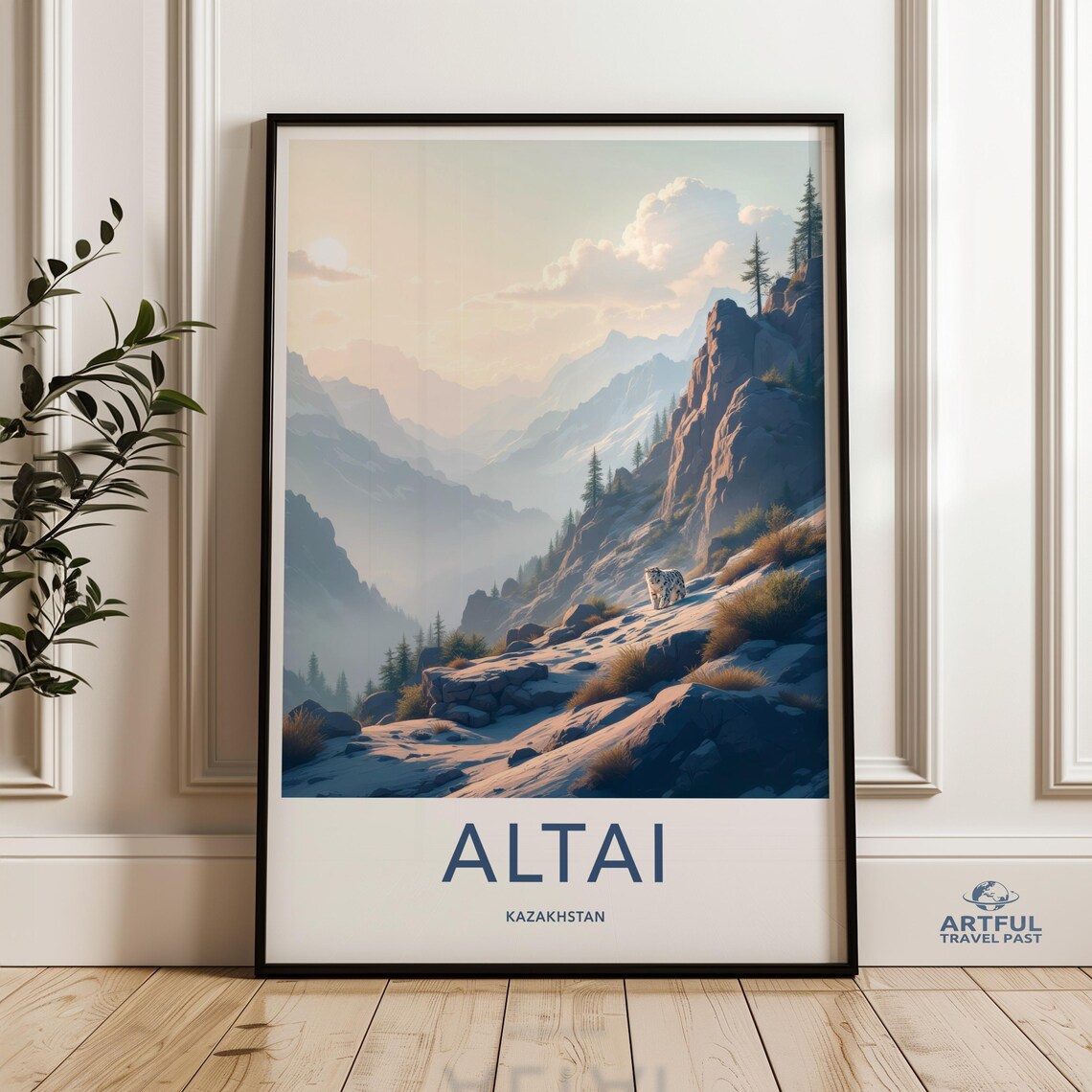 Altai Kazakhstan Snow Leopard Mountain Ridge Vintage Travel Poster