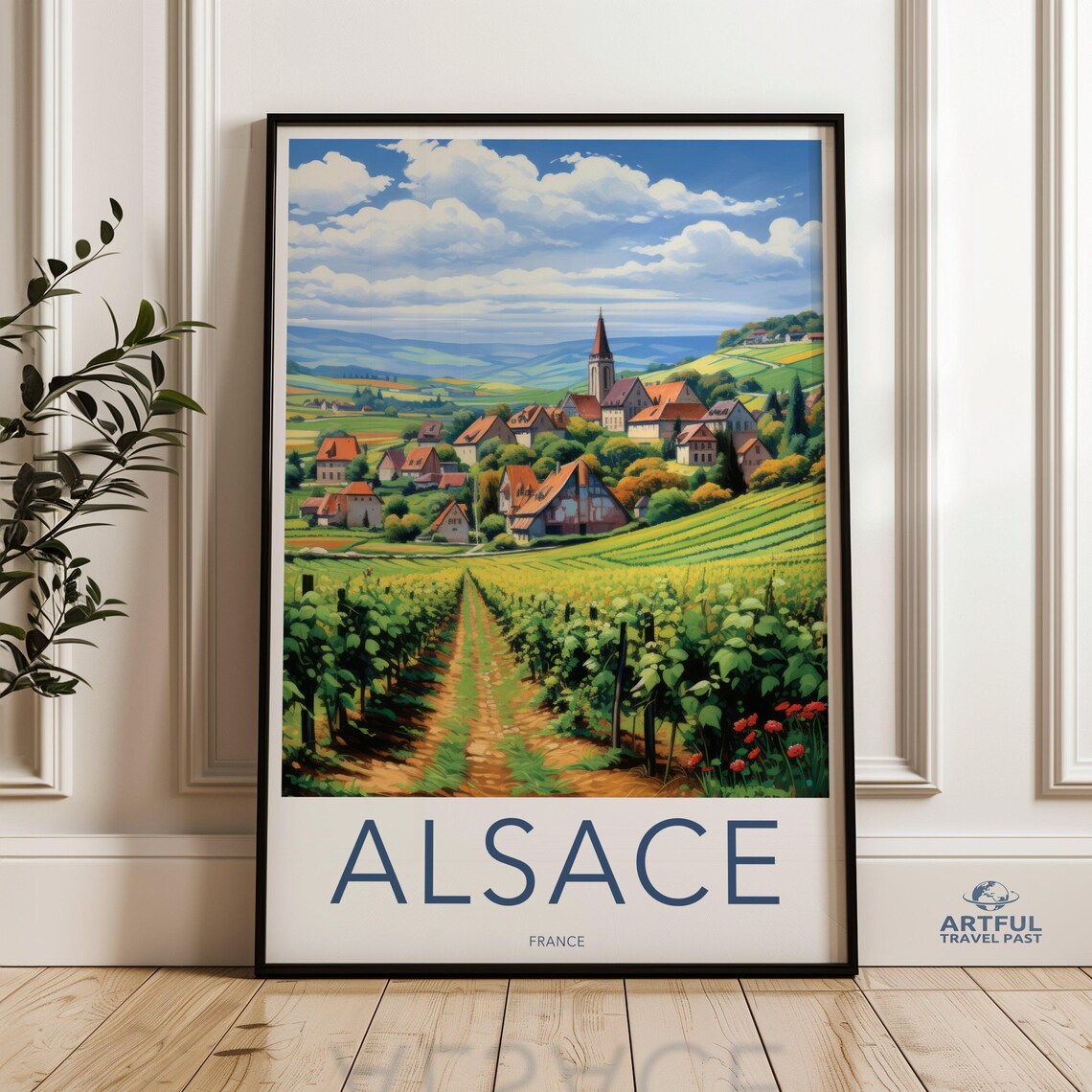 Alsace France Vineyard Village Church Rolling Hills Travel Poster
