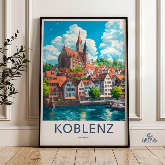 Koblenz Germany Wall Art Print Vintage Travel Poster European Cityscape Artwork Rustic Home Decor Historic Riverfront Scene