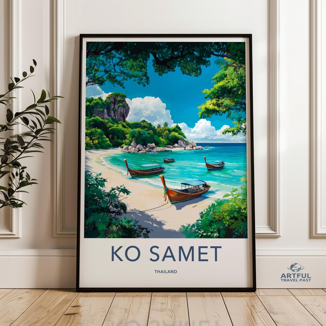 Ko Samet Thailand Tropical Beach Longtail Boats Island Travel Poster