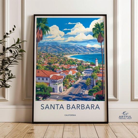 Santa Barbara California Palm Trees Red Tile Coastline Travel Poster
