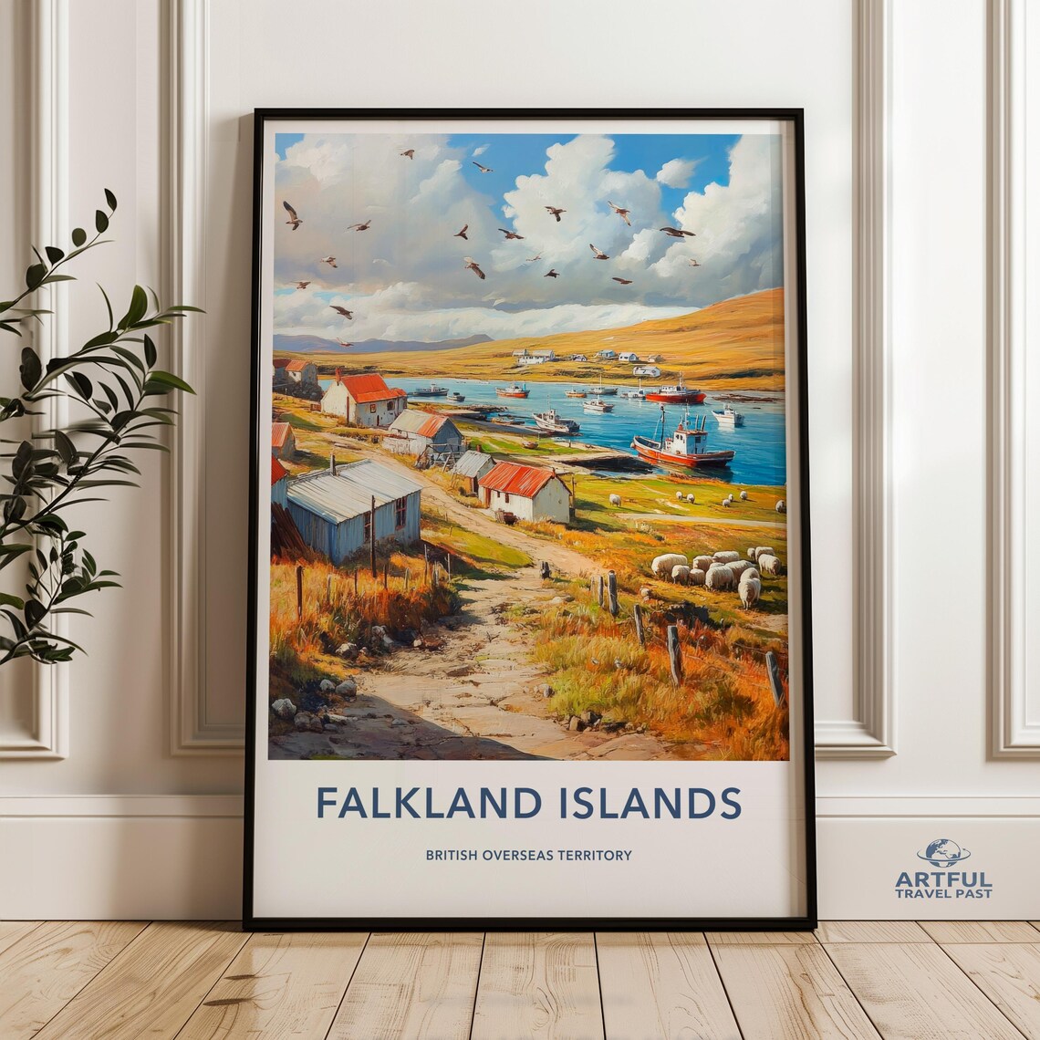 Falkland Islands Harbor Boats Sheep British Overseas Travel Poster