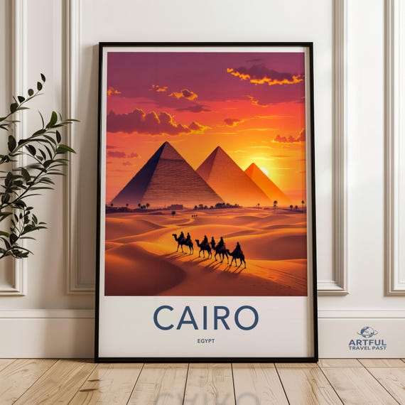 Cairo Egypt Wall Art Print Pyramid Desert Sunset Poster Camel Caravan Travel Decor Vintage Landscape Home Gift For Travelers