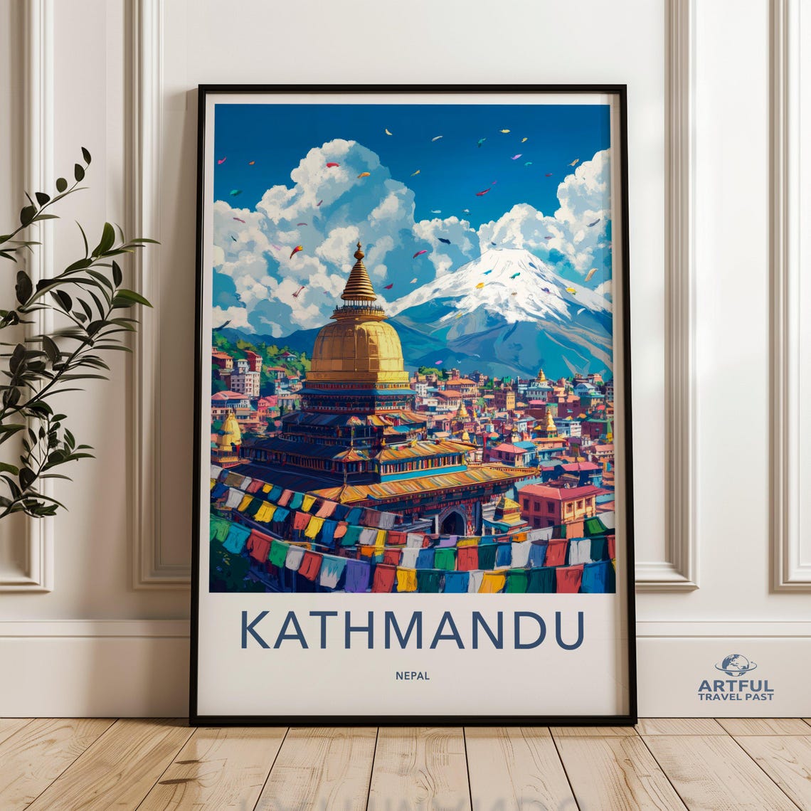 Kathmandu Nepal Golden Stupa Prayer Flags Mountain Travel Poster