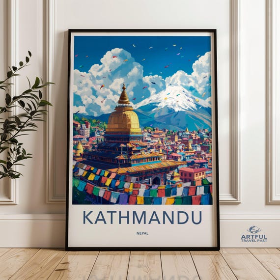 Kathmandu Wall Art Nepal Cityscape Print Vibrant Poster Travel Decor Colorful City Himalayan Mountain Cultural Heritage