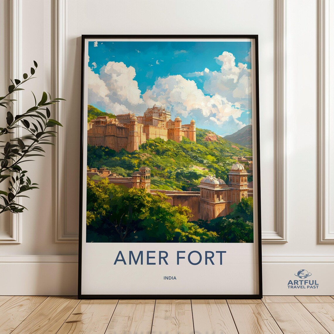 Amer Fort India Grand Hilltop Palace Jaipur Vintage Travel Poster