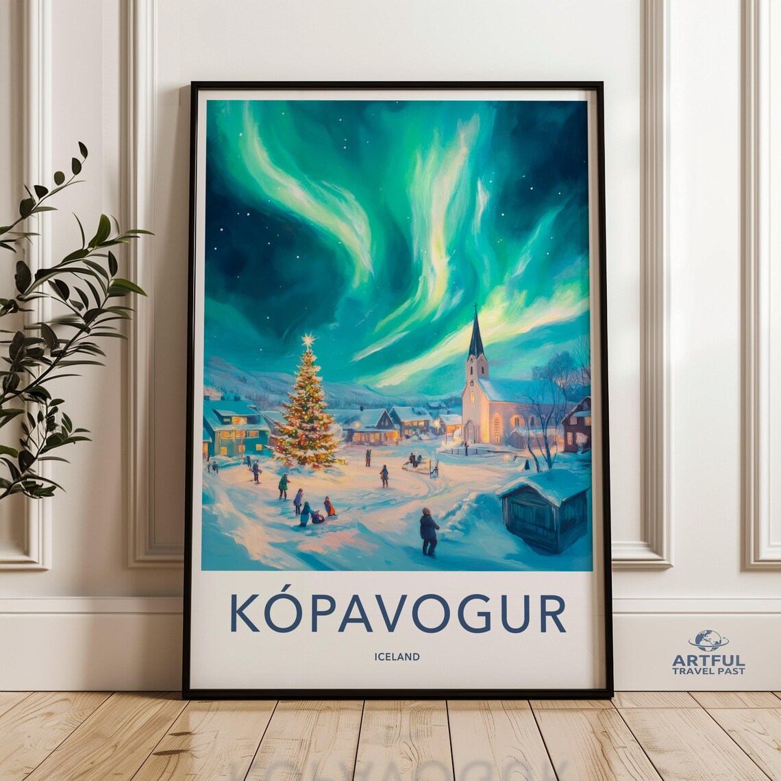 KÓPAVOGUR Iceland Northern Lights Christmas Village Travel Poster