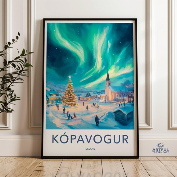 KÓPAVOGUR Iceland Northern Lights Christmas Village Travel Poster