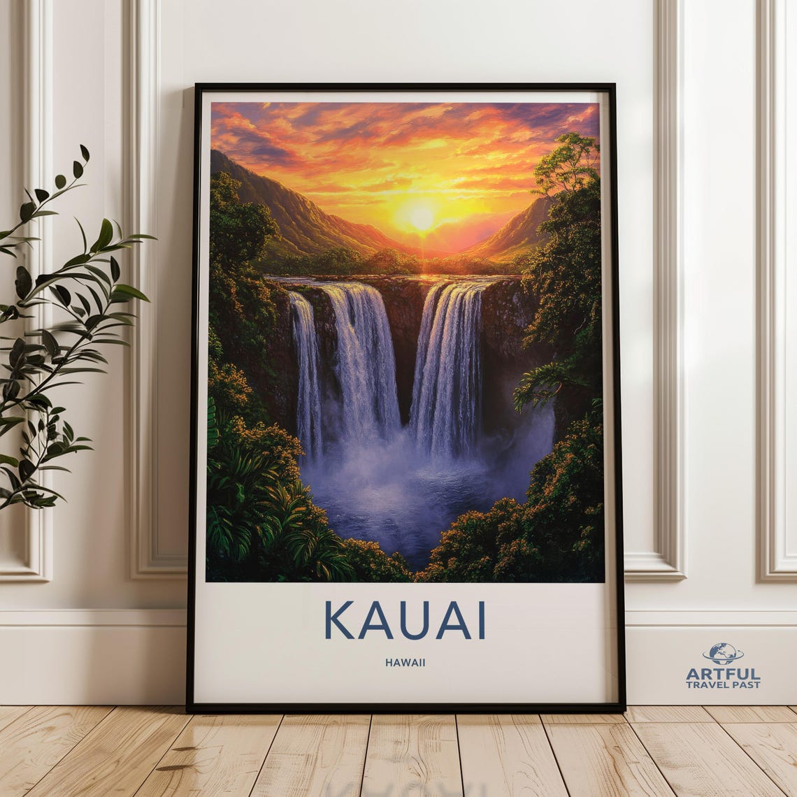 Kauai Hawaii Waterfall Sunset Vintage Travel Poster Tropical Falls Art