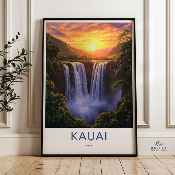Kauai Hawaii Waterfall Sunset Vintage Travel Poster Tropical Falls Art
