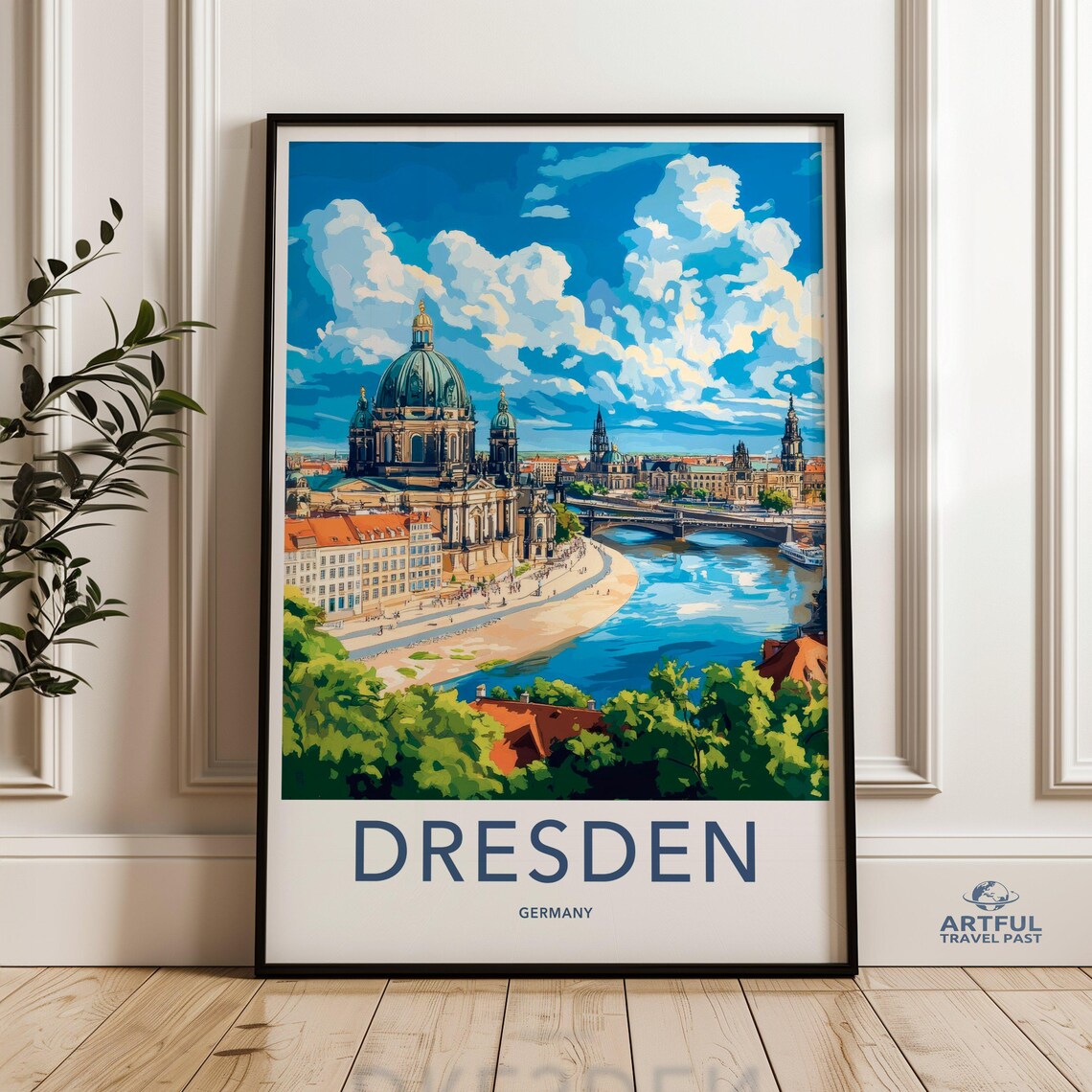 Dresden Germany Daytime Travel Poster Cathedral River View Scene